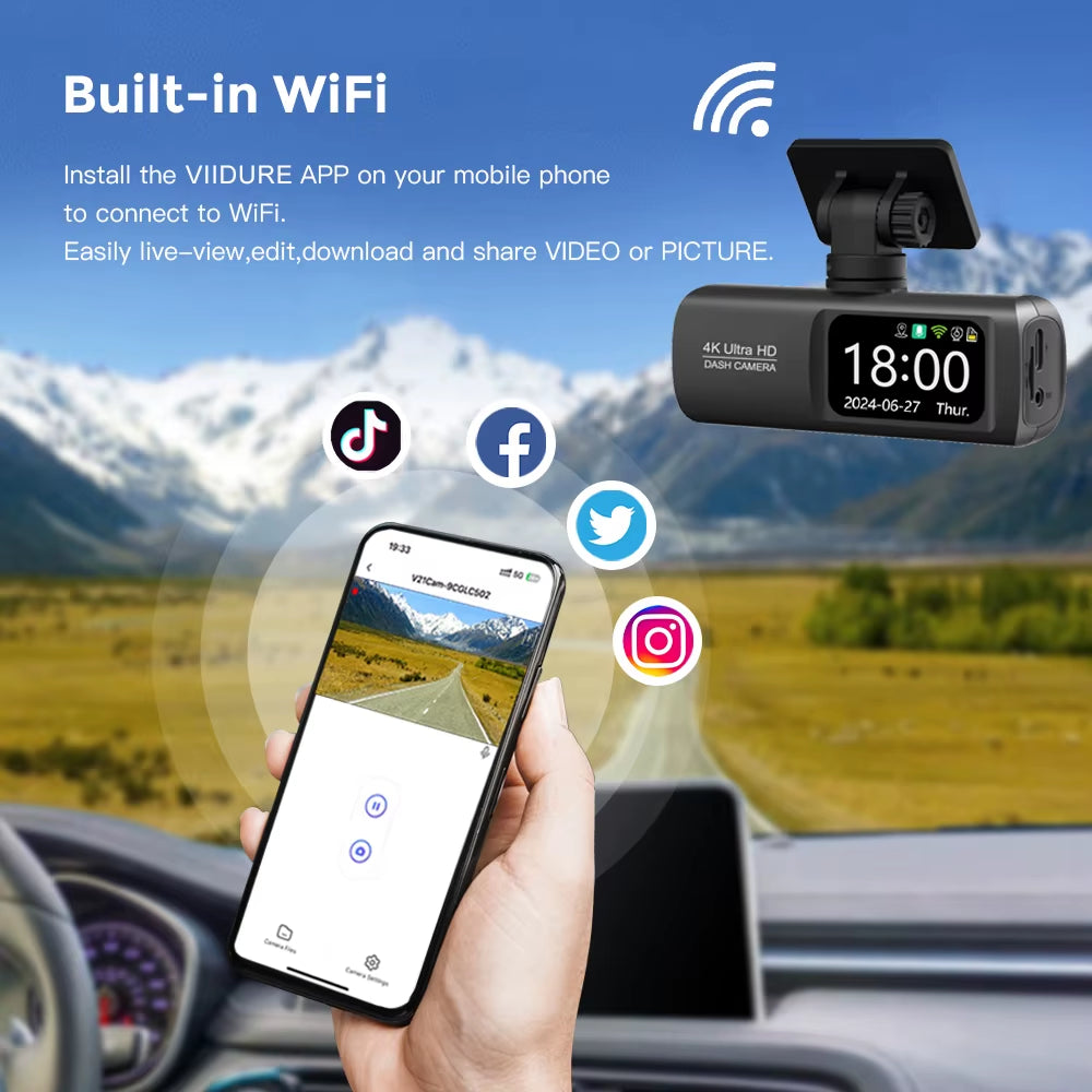 UHD 4K Wifi Dash Cam Dual Lens Driving Recorder Car DVR Optional 1080P Rear Lens Camera GPS 24H Parking Monitoring Black Box